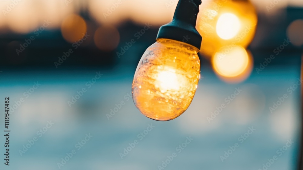Poster warm and inviting outdoor string lights create a cozy atmosphere at dusk with soft glows reflecting 