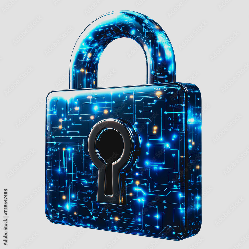 Poster high-tech digital lock with cybersecurity elements and futuristic design representing internet safet