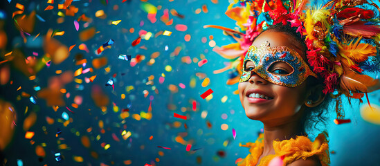 Funny girl with mask and carnival costume isolated on blue