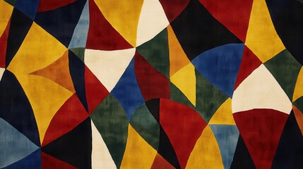 Fototapeta premium Abstract geometric textile pattern with vibrant colors and triangular shapes.
