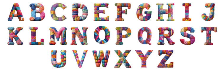 Pack A to Z alphabets Colorful Quilting Style set over Transparent Background for Modern Design Projects, Creative Branding, or Unique Typography Applications