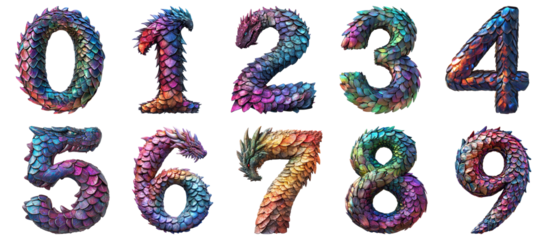 Pack 0 to 9 Numbers Fantasy Dragon Scales Style set over Transparent Background for Modern Design Projects, Creative Branding, or Unique Typography Applications