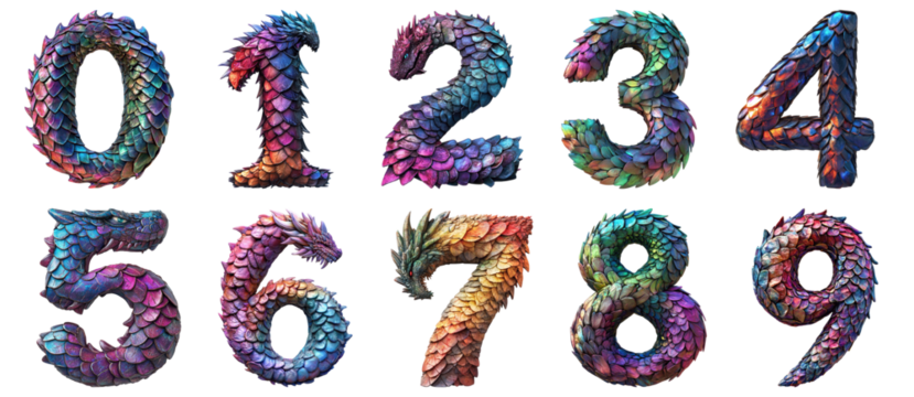 Pack 0 to 9 Numbers Fantasy Dragon Scales Style set over Transparent Background for Modern Design Projects, Creative Branding, or Unique Typography Applications