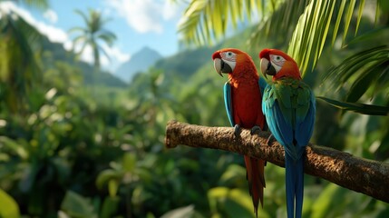 Obraz premium Pet friendly outdoor interaction. Vibrant macaws perched in lush tropical foliage under a clear blue sky.