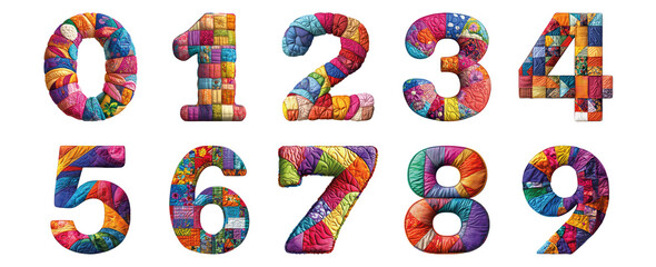 Pack 0 to 9 Numbers Colorful Quilting Style set over Transparent Background for Modern Design Projects, Creative Branding, or Unique Typography Applications