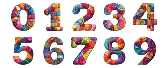 Pack 0 to 9 Numbers Colorful Quilting Style set over Transparent Background for Modern Design Projects, Creative Branding, or Unique Typography Applications