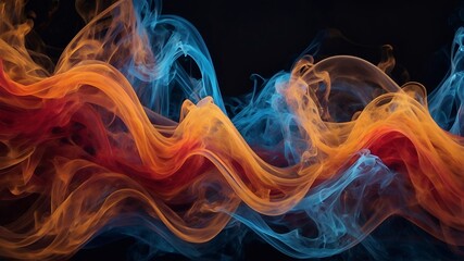 Fototapeta premium Dynamic waves of colorful translucent smoke in red, orange, and blue tones, flowing smoothly against a dark background. Abstract, vibrant, and energetic font. Generative AI
