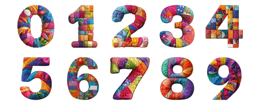 Pack 0 to 9 Numbers Colorful Quilting Style set over Transparent Background for Modern Design Projects, Creative Branding, or Unique Typography Applications