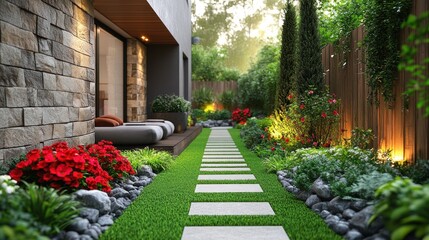 Obraz premium Modern backyard garden with stone path, lush greenery, and outdoor seating area.