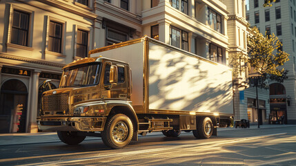 Naklejka premium A golden truck in the street.