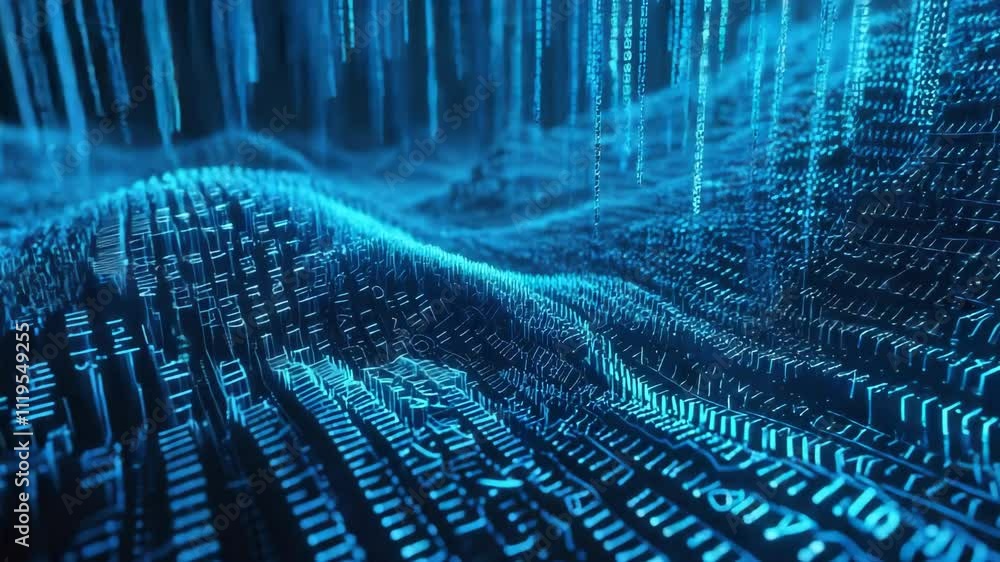 Poster abstract digital landscape showcases flowing information streams, featuring data visualizations with