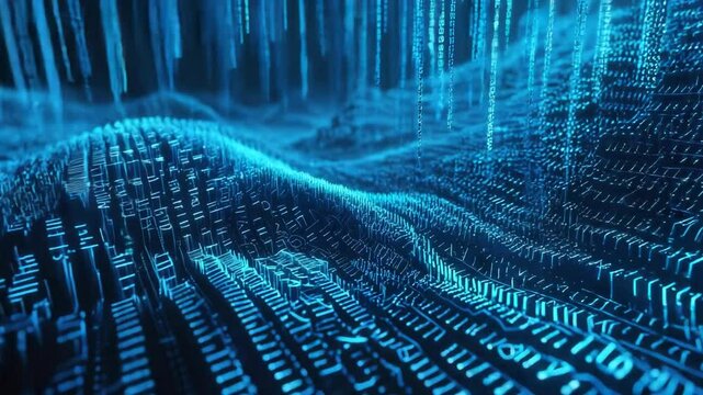 Abstract digital landscape showcases flowing information streams, featuring data visualizations with numbers and symbols. A vibrant representation of technology and communication in cyberspace