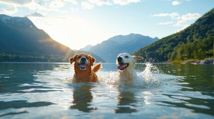 Pet friendly outdoor interaction. Two happy dogs playfully swimming in a serene lake backdrop with mountains and sunlight.