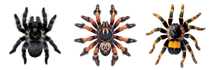 Set of A colour Tiger tarantula, top view, on a plain,PNG format Background. Generative AI,