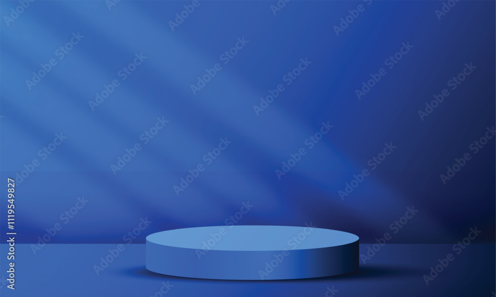 Poster abstract empty podium display on dark blue light studio room with windows overlay copy space design 