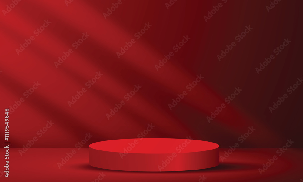 Poster abstract empty podium display on dark red light studio room with windows overlay copy space design b