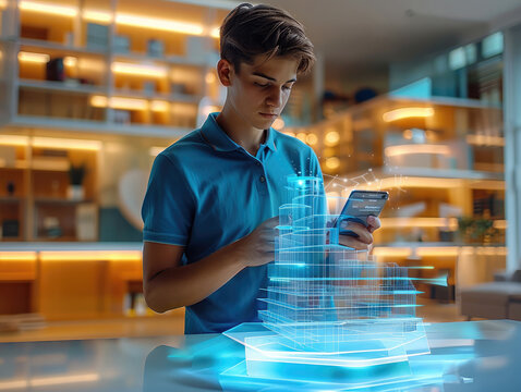 Young man is standing near a table with a hologram projection of a modern building on it. He holds a phone in his hand. A holographic interface is floating above the smartphone screen.