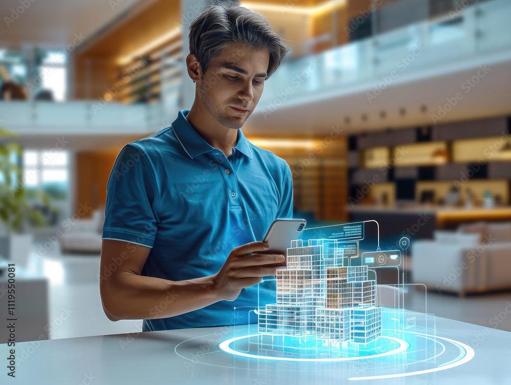 Poster Young man is standing near a table with a hologram projection of a modern building on it. He holds a phone in his hand. A holographic interface is floating above the smartphone screen.
