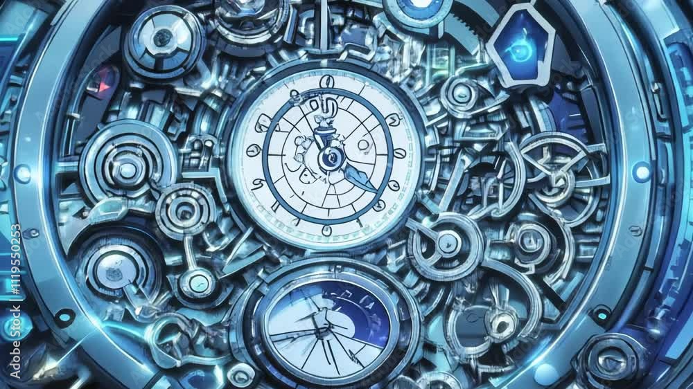 Poster futuristic machine featuring intricate clock gears turning within a laboratory setting. the camera m