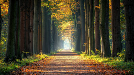 Tranquil Pathway Through Lush Forest with Tall Trees and Autumn Foliage
