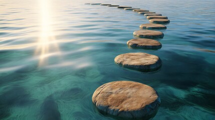 path of stones on the surface of crystal water, sunlight in the distance