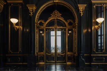 Obraz premium Gold and Black Baroque Style Palace Portal, Luxurious Design, Generative AI
