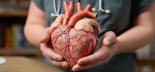 Doctor's hands gently holding a detailed anatomical heart model.