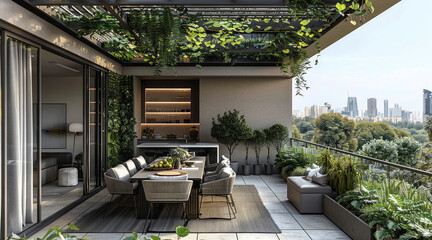 Penthouse big open balcony. lush greenery. white- light beige color pallet. planters. trees fruit trees. metal wall. pergola dining area outdoor kitchen. open sky.