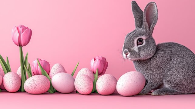 A fluffy grey bunny sitting next to pink tulips and decorated eggs on a pastel pink backdrop.