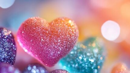 A close-up of sparkling pink heart-shaped candies, radiating sweetness and offering a delightful treat for the eyes.