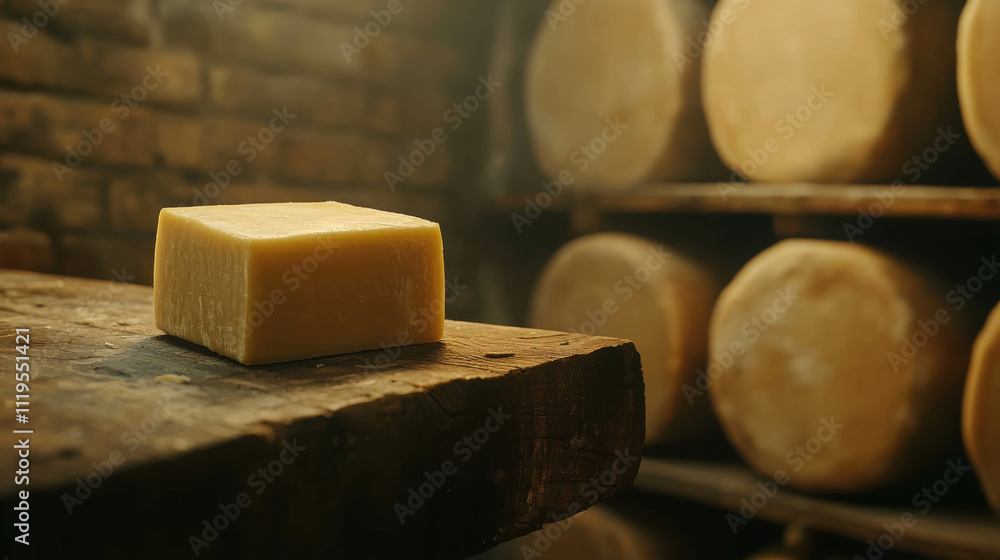 Poster single block of cheese on wooden shelf in a rustic storage setting