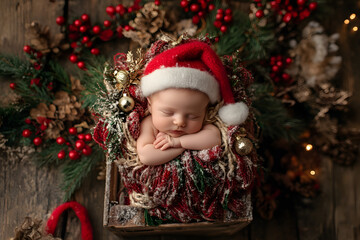 Newborn baby in Santa Claus hat. Merry Christmas background.
