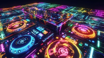 A vibrant, neon-lit DJ setup showcasing turntables and a mixer for electronic music performances.