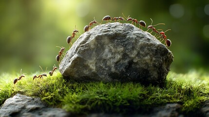 Obraz premium Ants cooperatively moving a rock in nature.