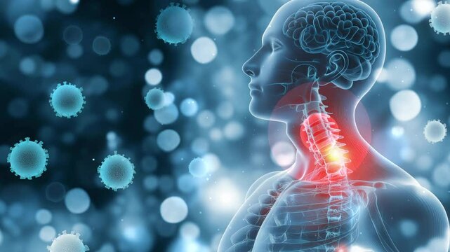 Medical 3d illustration depicting viruses attacking the human throat, resulting in pain, inflammation, symptoms associated with infection and disease, thyroid cancer awareness, hormonal imbalances