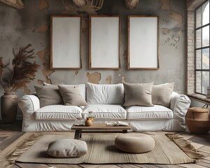 Fototapeta premium living room interior A Scandinavian living room with textured light beige walls and a tall black-framed arched window. The decor includes a cream sofa, a dark wood
