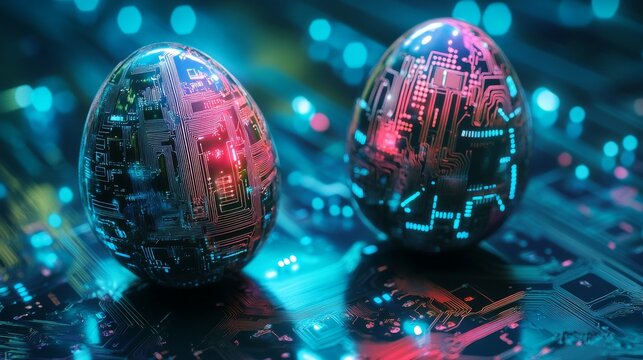 A stunning visual of intricately designed technological eggs showcasing modern circuitry on a digital backdrop.