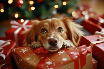 Golden Retriever Under Christmas Tree