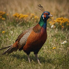 Fototapeta premium A pheasant with golden and copper feathers walking through a meadow.