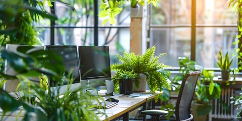 Modern Office Interior with Abundant Greenery and Natural Light
