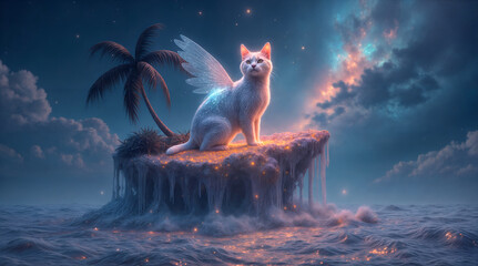 Magical Nightscape Featuring a Winged Cat on an Enchanted Island Surrounded by Cosmic Waters