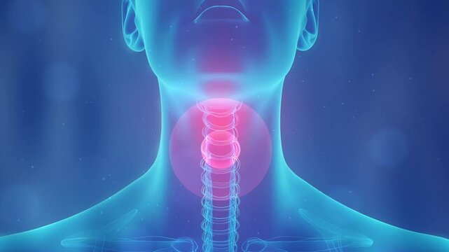 Human throat and thyroid highlighted in red. Relevant throat pain and inflammation, thyroid cancer awareness, hormonal imbalances, and endocrine diseases