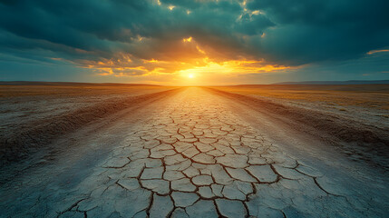 A dramatic photography capturing a dry, lifeless expanse where the ground is covered with intricate patterns of desiccated mud, framed by an ominous, overcast sky.