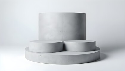 Gray concrete cylinder podium on an isolated white background. Clean and simple design for product presentation or display. 3D Rendering