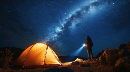 Adventurer uses a flashlight to explore the nighttime scenery, with a warm glowing tent set against the stunning backdrop of the milky way