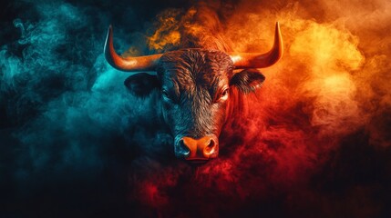 Powerful bull head amidst vibrant blue and orange smoke.