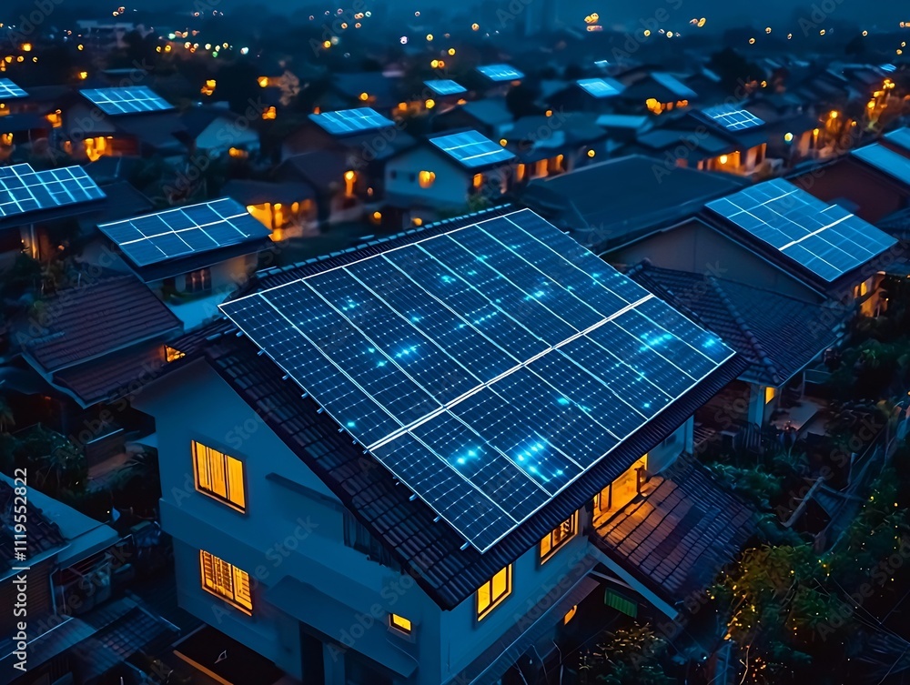 Poster glowing rooftop solar panel array connected to smart grid with real time clean energy data streams