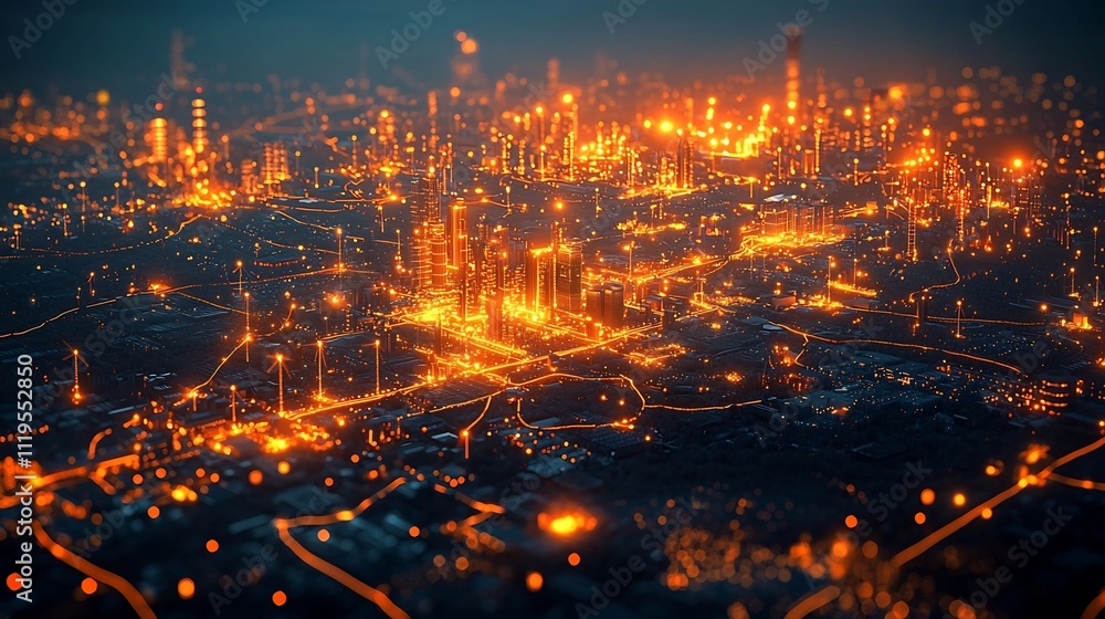Poster glowing digital map of interconnected smart grid network powering cities and renewable energy source