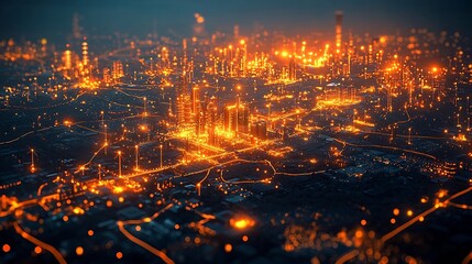 Glowing Digital Map of Interconnected Smart Grid Network Powering Cities and Renewable Energy Sources