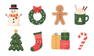 Cartoon Christmas set in flat style. Vector illustration